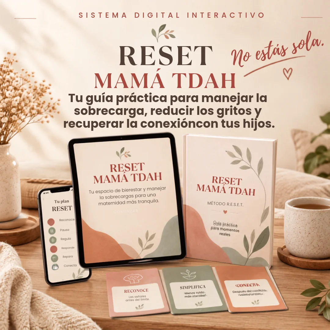 Portada de RESET MAMÁ TDAH: sistema digital con tablet, libro Método R.E.S.E.T. y tarjetas prácticas