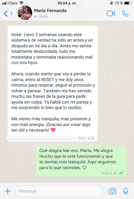 Captura del testimonio real de María Fernanda en WhatsApp