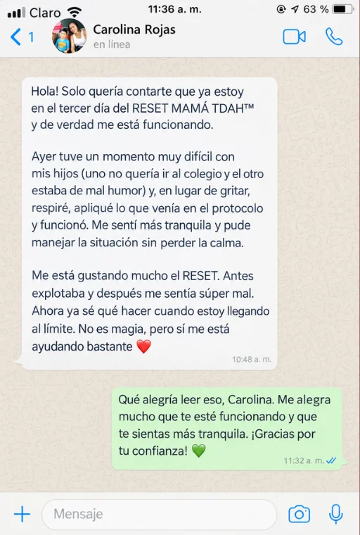 Captura del testimonio real de Carolina Rojas en WhatsApp