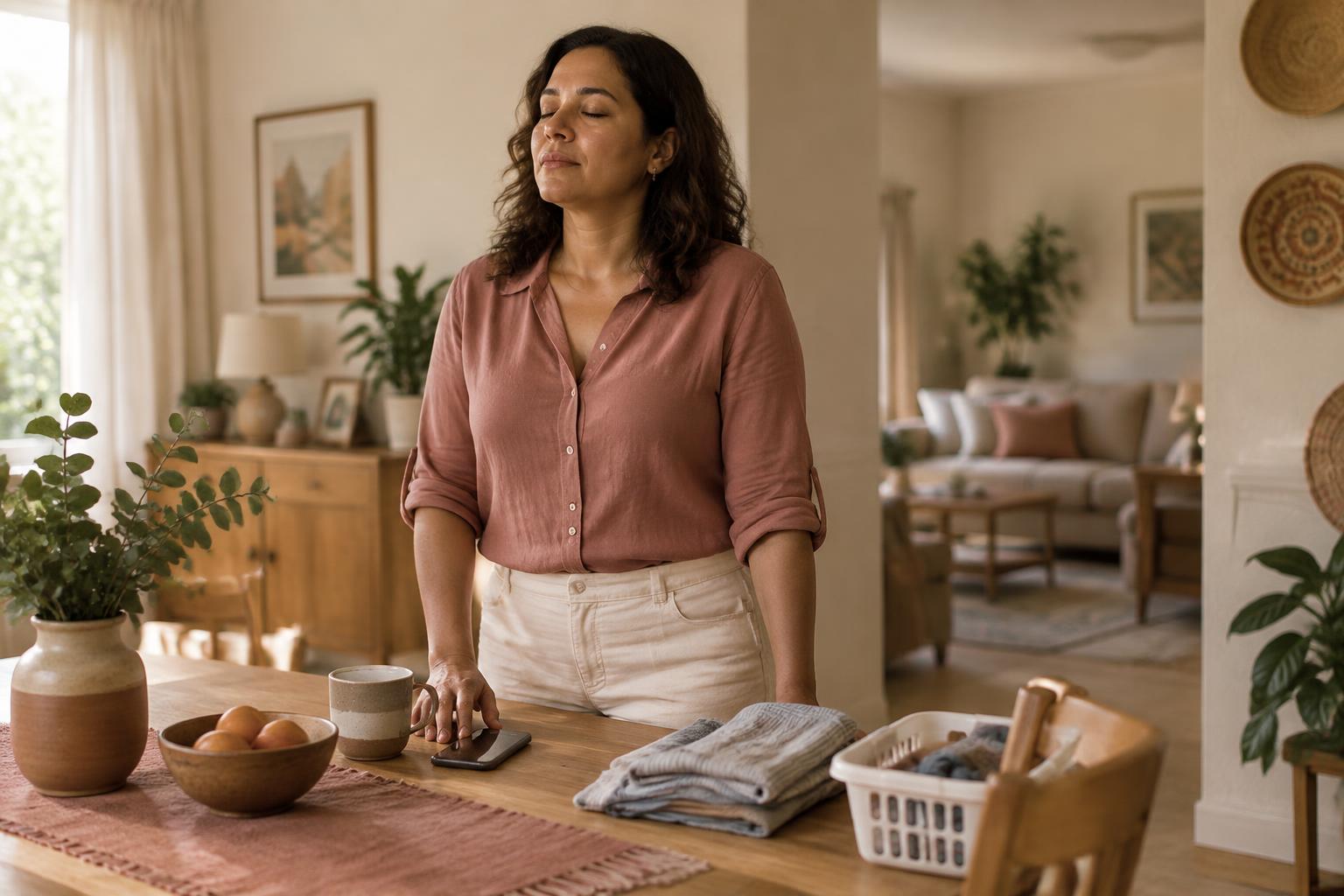 Madre haciendo una pausa consciente antes de reaccionar en casa